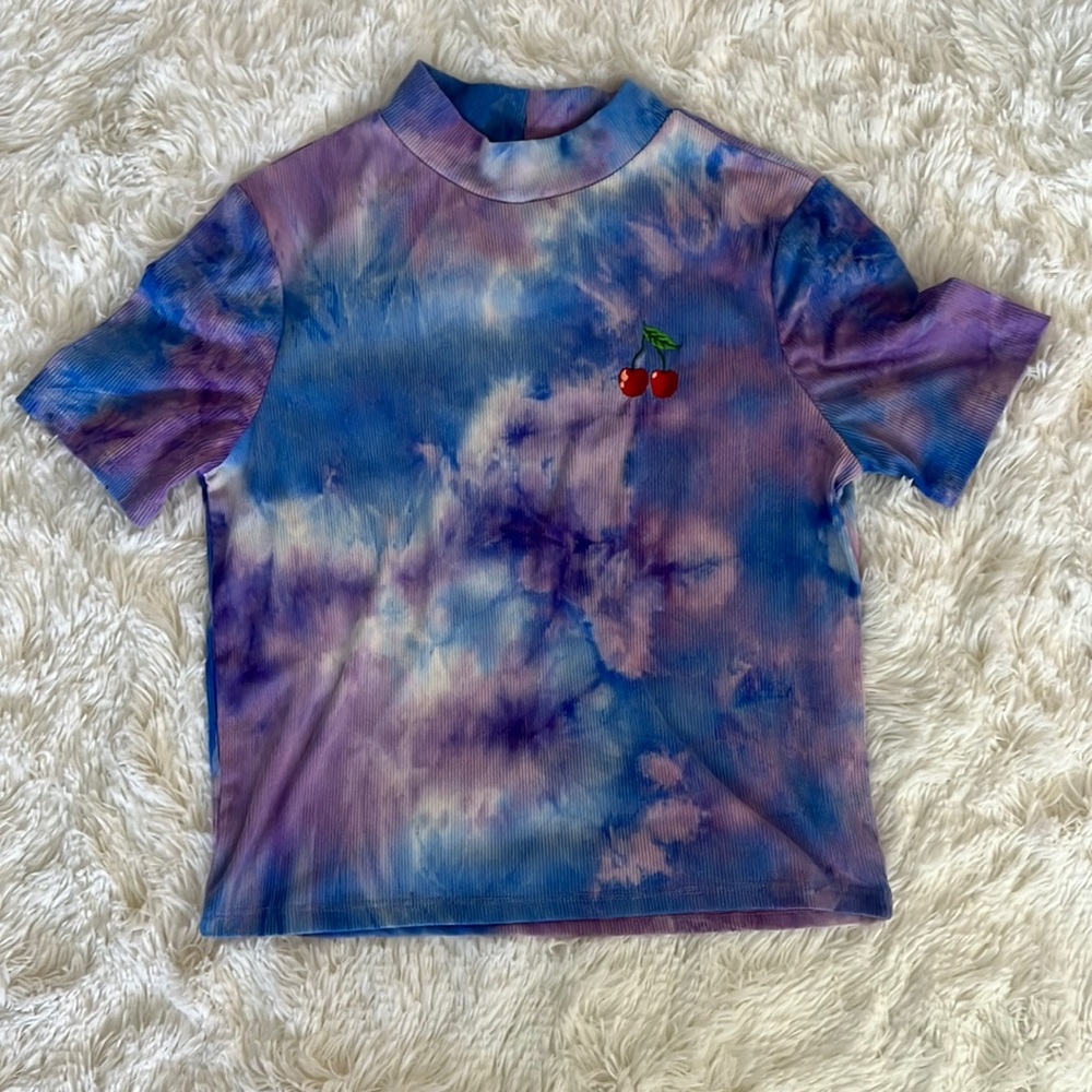 Blue and Purple Tie-Dye Shirt with Cherries